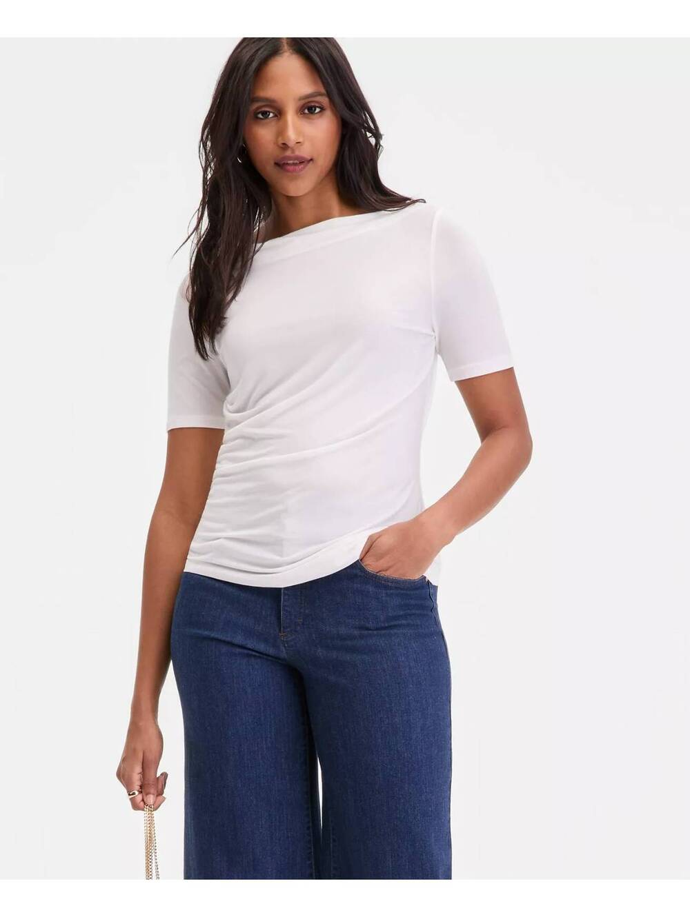I.N.C. International Concepts Women's White Ruched Side Short Sleeve Top Medium